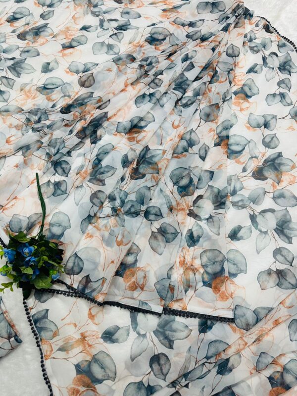 Blue, Grey, And Beige Omber Pattern Georgette Ready To Wear Saree With Unstitched Blouse - Image 5