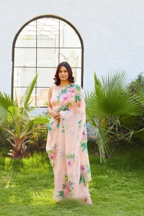 Peach Color Organza Saree Botanical Print Scalloped Golden Border Design Ready To Wear Saree With Stitched Blouse
