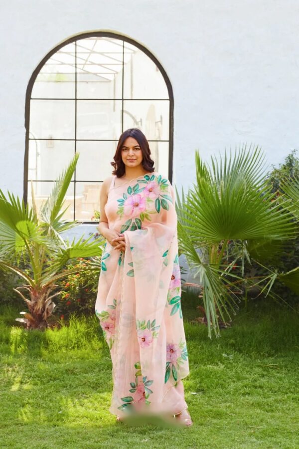 Peach Color Organza Saree Botanical Print Scalloped Golden Border Design Ready To Wear Saree With Stitched Blouse