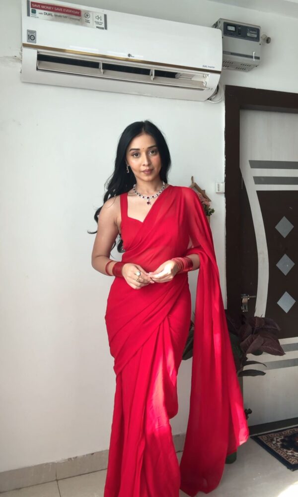 Red Color,Plain Elegant Georgette Ready To Wear Saree With Unstitched Blouse - Image 4