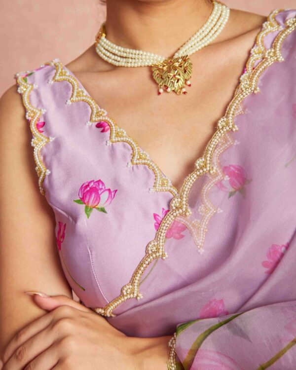 Lavender Color Organza Hand-painted Lotus Motifs In Pink And Green Ready To Wear Saree With Stitched Blouse - Image 6