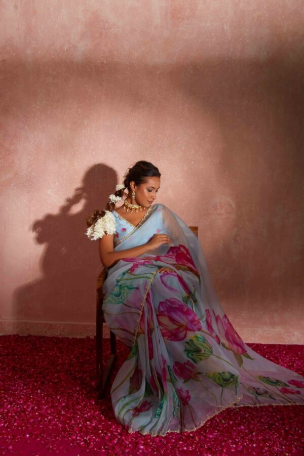 Sky Blue Color Organza Vibrant Multi-colored Lotus Prints Ready To Wear Saree With Stitched Blouse - Image 5