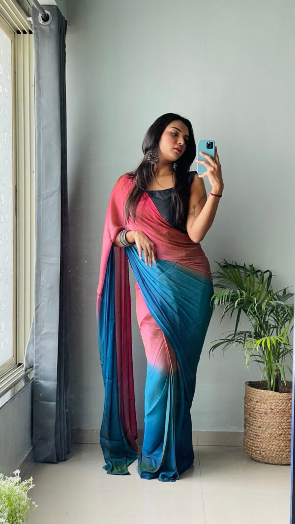 Pink, Teal, And Electric Blue Tones Chiffon Viscose ombre design Ready To Wear Saree With Unstitched Blouse - Image 4