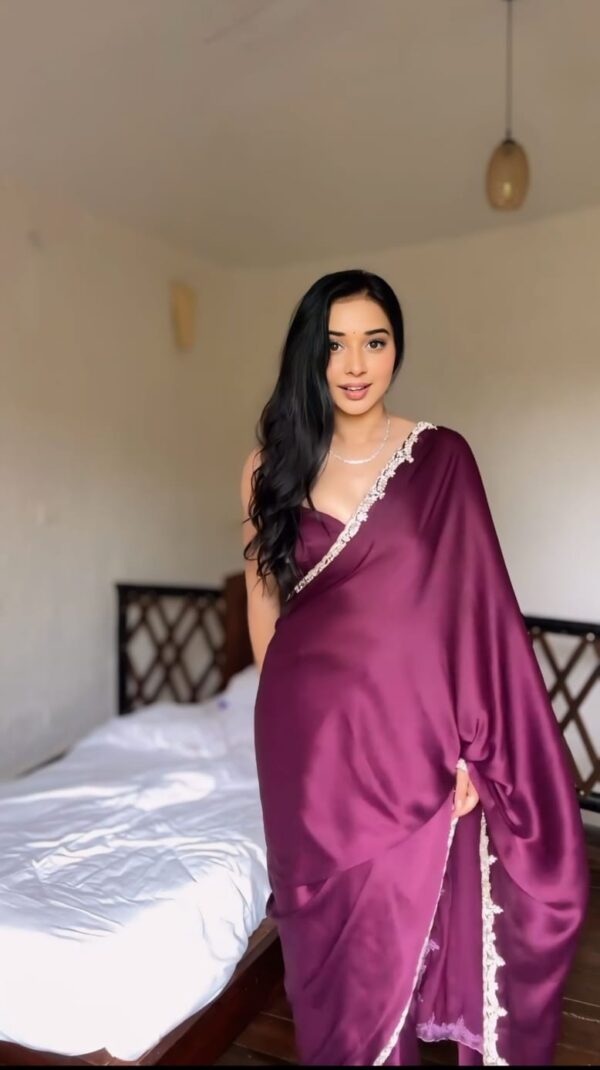 Wine-Colored Rangoli Ivory Lace Embroidery Ready To Wear Saree With Unstitched Blouse - Image 4