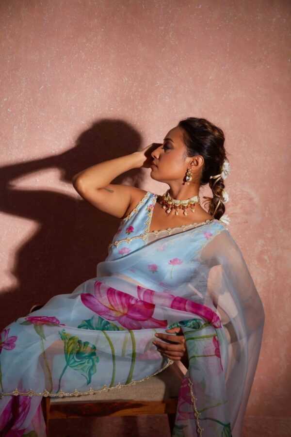 Sky Blue Color Organza Vibrant Multi-colored Lotus Prints Ready To Wear Saree With Stitched Blouse - Image 8