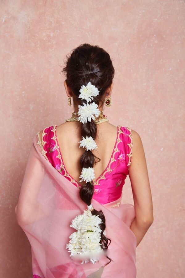 Blush Pink Color Organza Vibrant Lotus Floral Prints Ready To Wear Saree With Stitched Blouse - Image 6