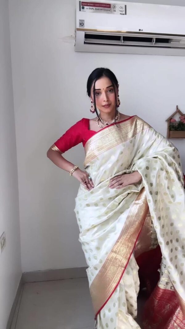 Cream Banarasi Silk Saree With Rich Golden Zari Ready To Wear Saree With Unstitched Blouse - Image 4