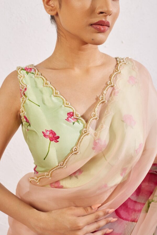 Peach Color Organza Vibrant Lotus Floral Prints Ready To Wear Saree With Stitched Blouse - Image 7
