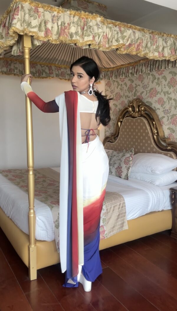 White, Red, Yellow, And Royal Blue Ombré Shades Georgette Ready To Wear Saree With Unstitched Blouse - Image 4