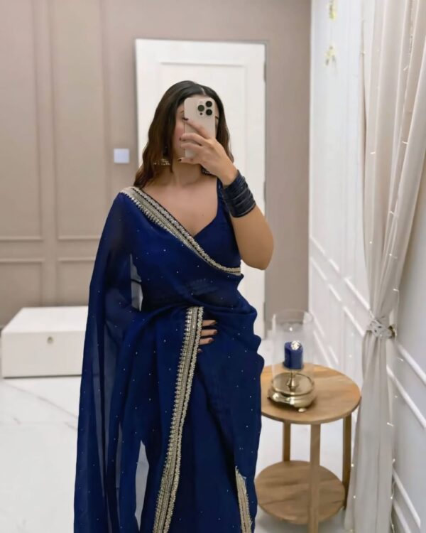 Organza Saree With Elegant Blue Stripes Ready To Wear Saree With Unstitched Blouse - Image 5