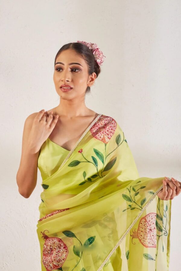 Lime Green Color Organza Saree Botanical Print Design Ready To Wear Saree With Stitched Blouse - Image 7