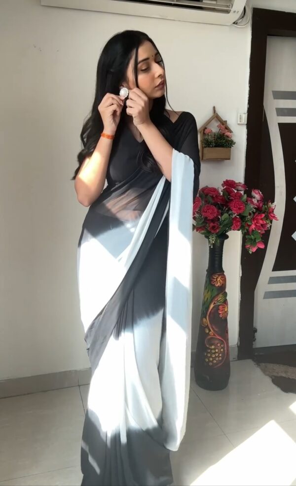 Black And White Omber paint Georgette Ready To Wear Saree With Unstitched Blouse - Image 4