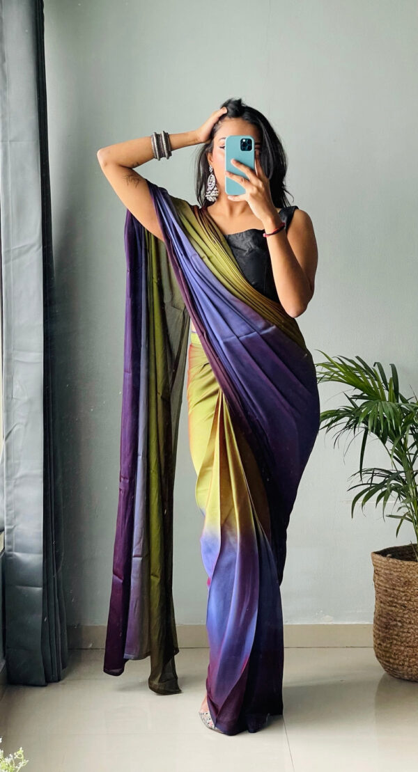 Olive Green, Aubergine Purple, And Maroon Tones Chiffon Viscose ombre design Ready To Wear Saree With Unstitched Blouse - Image 6