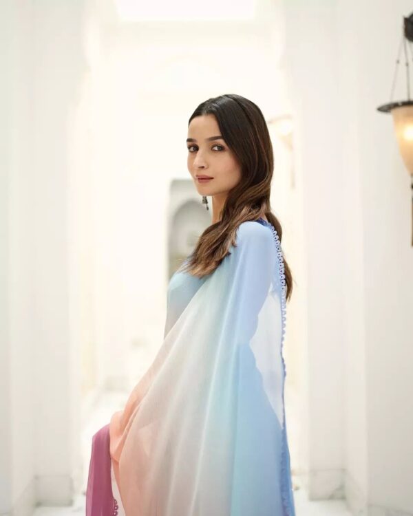Blue, White, And Pink Omber Pattern Georgette Ready To Wear Saree With Unstitched Blouse - Image 6