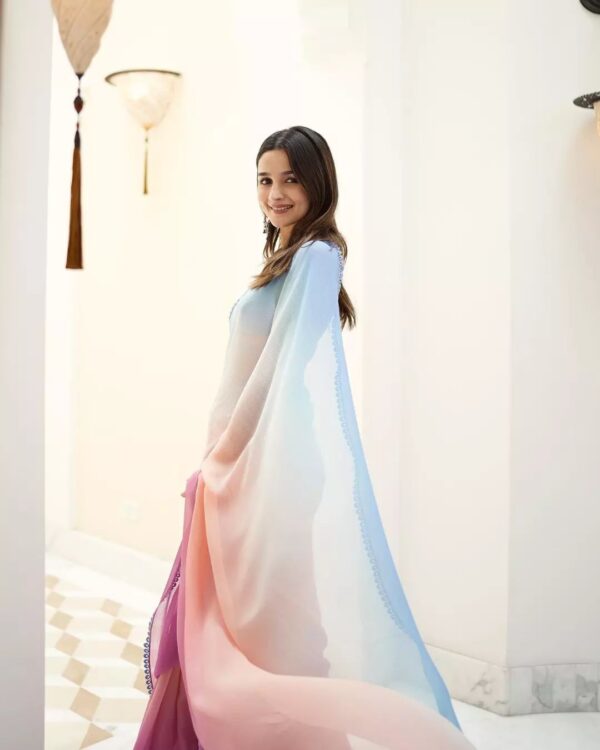 Blue, White, And Pink Omber Pattern Georgette Ready To Wear Saree With Unstitched Blouse - Image 3