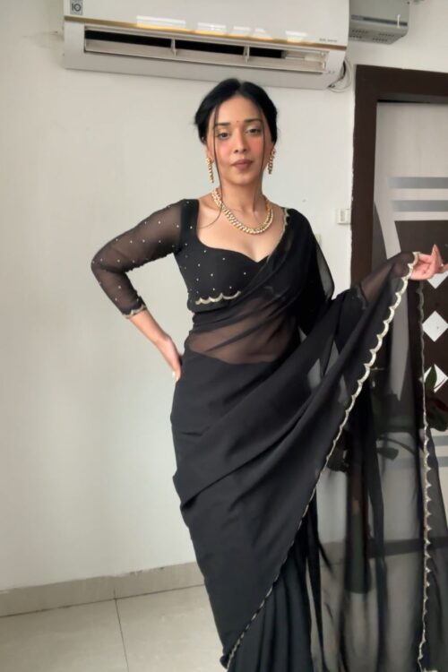 Black Color, Featuring A Scalloped Border Georgette Ready To Wear Saree With Stitched Blouse