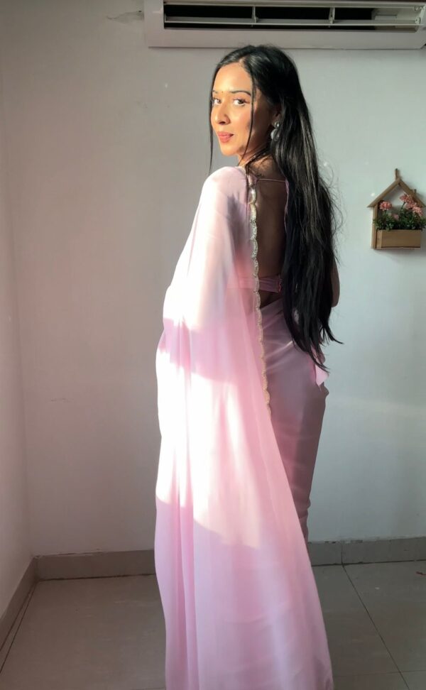 Baby Pink Color, Featuring A Scalloped Border Georgette Ready To Wear Saree With Stitched Blouse - Image 4