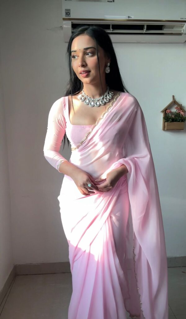 Baby Pink Color, Featuring A Scalloped Border Georgette Ready To Wear Saree With Stitched Blouse - Image 3