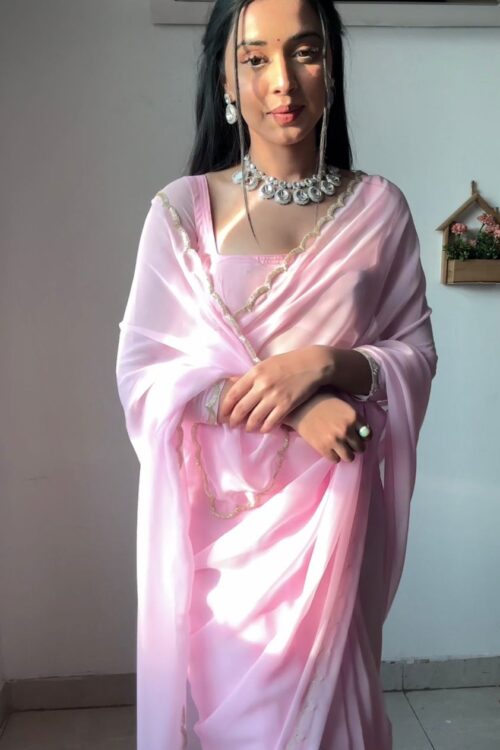 Baby Pink Color, Featuring A Scalloped Border Georgette Ready To Wear Saree With Stitched Blouse