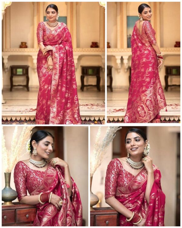 Elegant Rani Pink Banarasi Jacquard Lichi Silk Saree with Golden Zari Work – Timeless Traditional Attire - Image 6