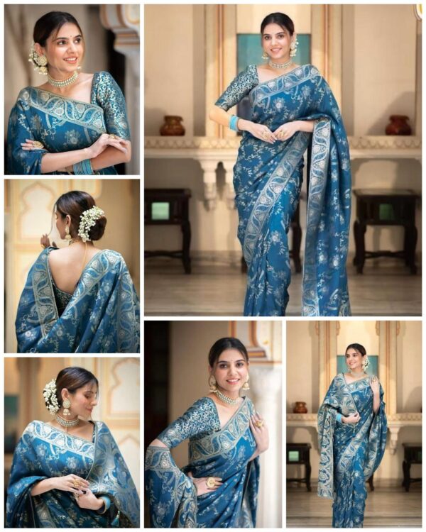 Regal Teal Blue Banarasi Jacquard Lichi Silk Saree with Intricate Silver Zari Work – Traditional Festive Elegance - Image 7