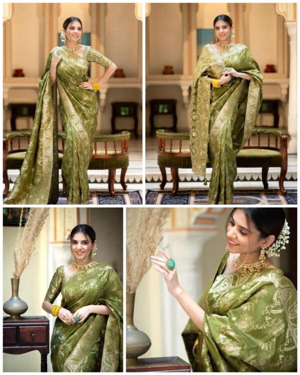 Olive Green Banarasi  Jacquard Lichi Silk Saree with Gold Zari Borders – Regal Ethnic Charm for Festive & Wedding Occasions - Image 6