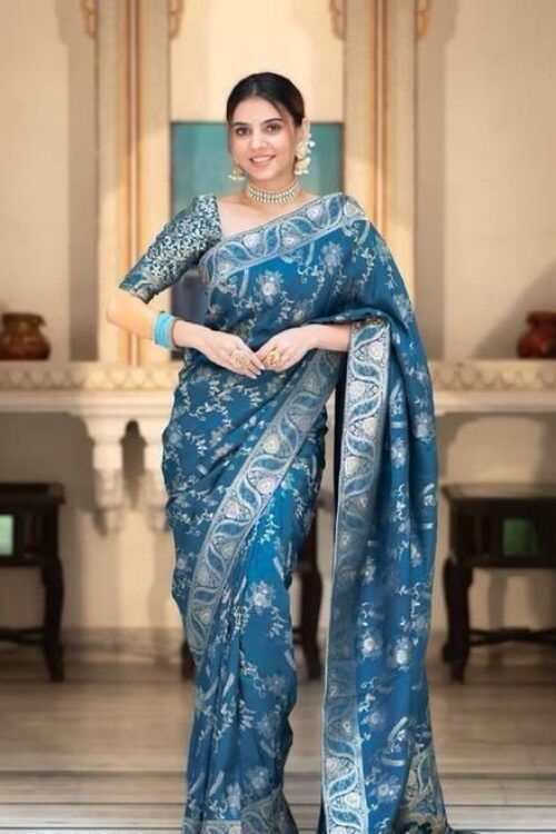 Regal Teal Blue Banarasi Jacquard Lichi Silk Saree with Intricate Silver Zari Work – Traditional Festive Elegance