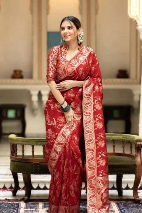 Red Banarasi Jacquard Lichi Silk Saree with Subtle Gold Zari – Elegant Heritage Wear for Grand Occasions