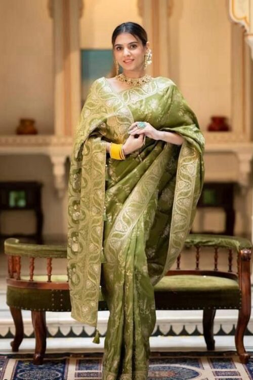 Olive Green Banarasi  Jacquard Lichi Silk Saree with Gold Zari Borders – Regal Ethnic Charm for Festive & Wedding Occasions