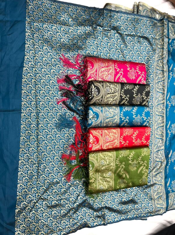 Regal Teal Blue Banarasi Jacquard Lichi Silk Saree with Intricate Silver Zari Work – Traditional Festive Elegance - Image 9