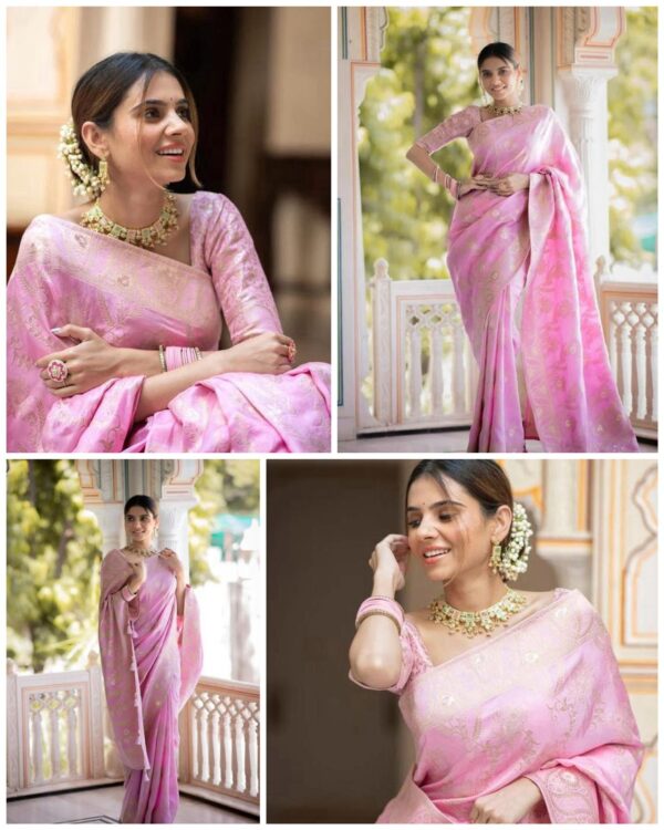 Baby Pink Banarasi Jacquard Lichi Silk Saree with Soft Gold Zari – Feminine Grace for Celebrations & Daytime Events - Image 6