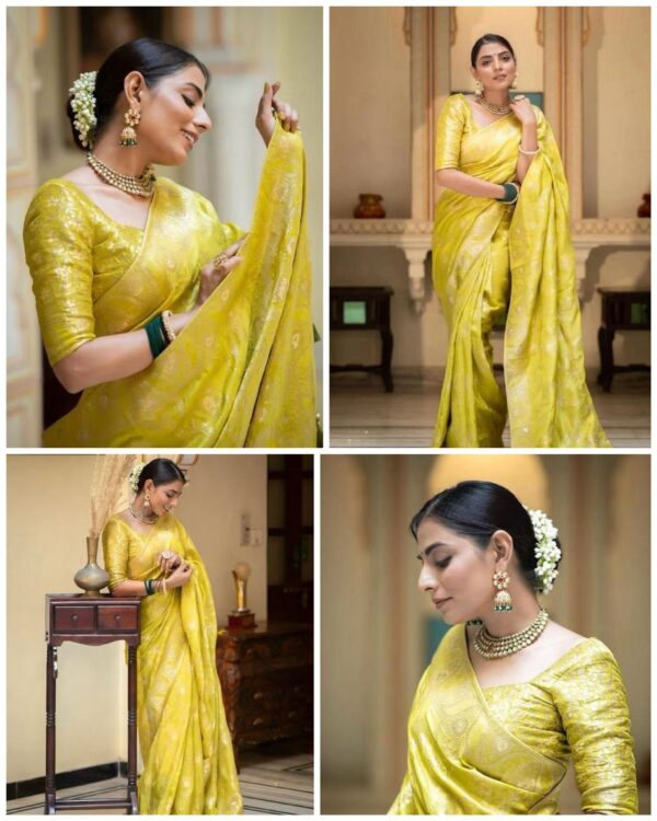 Radiant Lime Yellow Banarasi Jacquard Lichi Silk Saree with Subtle Zari Accents – Festive Ethnic Grace - Image 5