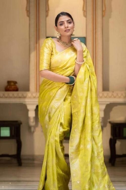 Radiant Lime Yellow Banarasi Jacquard Lichi Silk Saree with Subtle Zari Accents – Festive Ethnic Grace