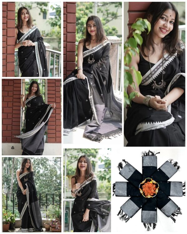 Monochrome Magic – Black Jacquard Soft Lilan Cotton Saree with White Thread Work - Image 8