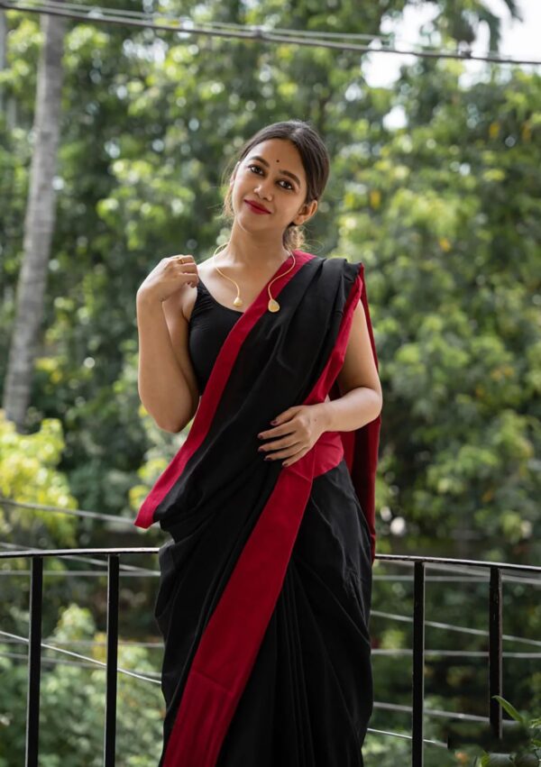 Classic Black & Red Soft Lilan Cotton Jacquard Saree – Bold Minimalism with Urban Grace - Image 3