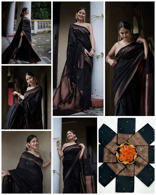 Midnight Elegance – Black Soft Lichi Silk Jacquard Saree with Copper Zari Weaving - Image 5