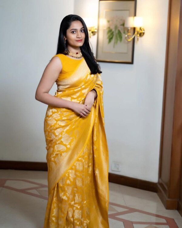 Radiant Mustard Yellow Banarasi Jacquard Lichi Silk Saree – Regal Floral Elegance - Image 4