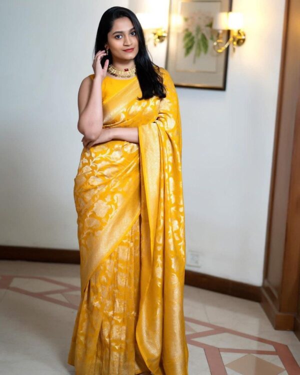 Radiant Mustard Yellow Banarasi Jacquard Lichi Silk Saree – Regal Floral Elegance - Image 3