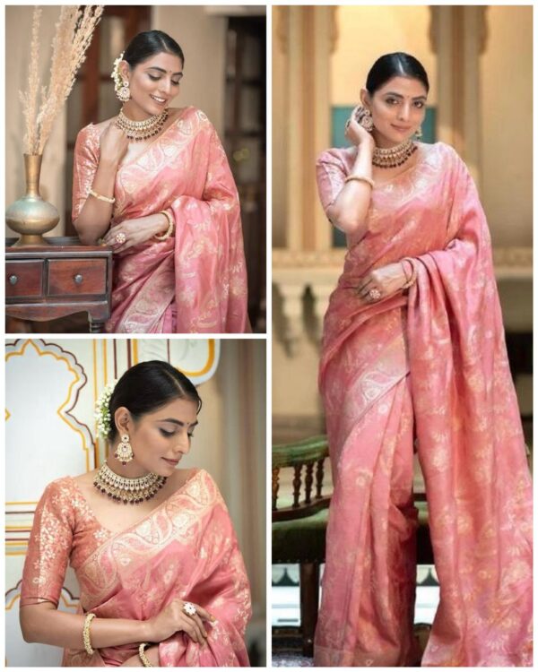Blush Pink Banarasi Jacquard Lichi Silk Saree with Soft Gold Zari Detailing – Understated Luxury for Elegant Occasions - Image 5