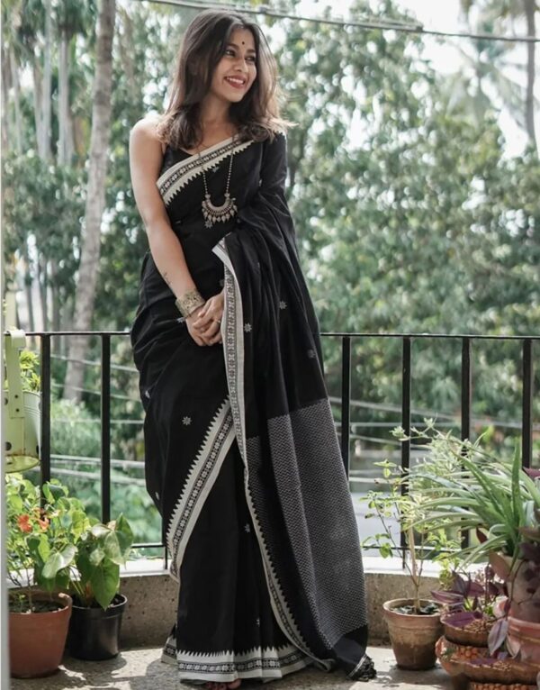 Monochrome Magic – Black Jacquard Soft Lilan Cotton Saree with White Thread Work - Image 3
