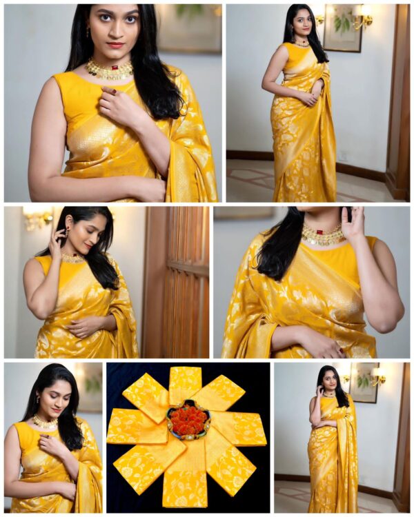 Radiant Mustard Yellow Banarasi Jacquard Lichi Silk Saree – Regal Floral Elegance - Image 6