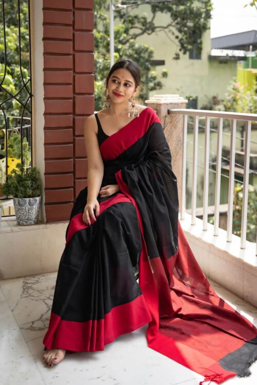 Classic Black & Red Soft Lilan Cotton Jacquard Saree – Bold Minimalism with Urban Grace