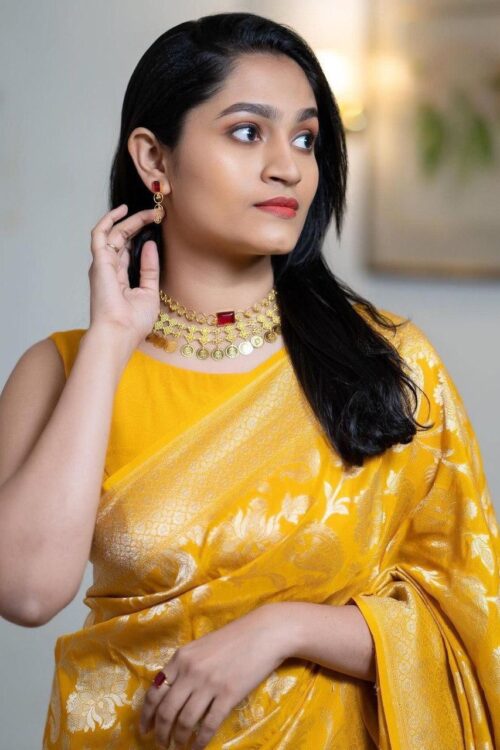 Radiant Mustard Yellow Banarasi Jacquard Lichi Silk Saree – Regal Floral Elegance
