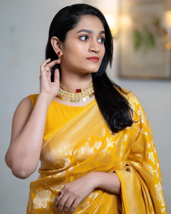 Radiant Mustard Yellow Banarasi Jacquard Lichi Silk Saree – Regal Floral Elegance