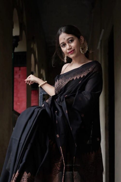 Midnight Elegance – Black Soft Lichi Silk Jacquard Saree with Copper Zari Weaving