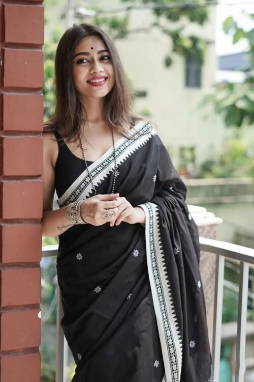 Monochrome Magic – Black Jacquard Soft Lilan Cotton Saree with White Thread Work
