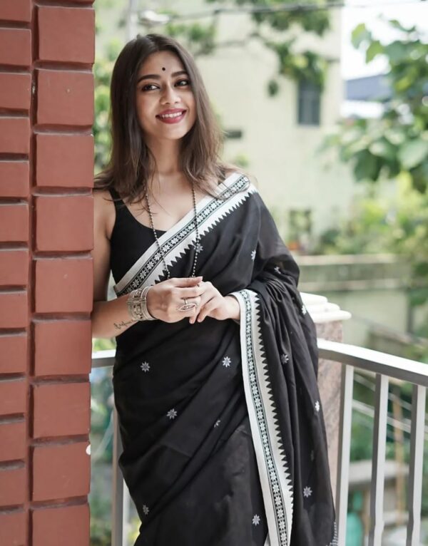 Monochrome Magic – Black Jacquard Soft Lilan Cotton Saree with White Thread Work
