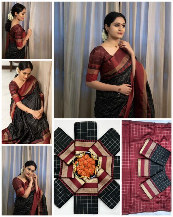 Elegant Black Jacquard Lichi Silk Saree with Maroon Zari Border – Timeless South Indian Grace - Image 6
