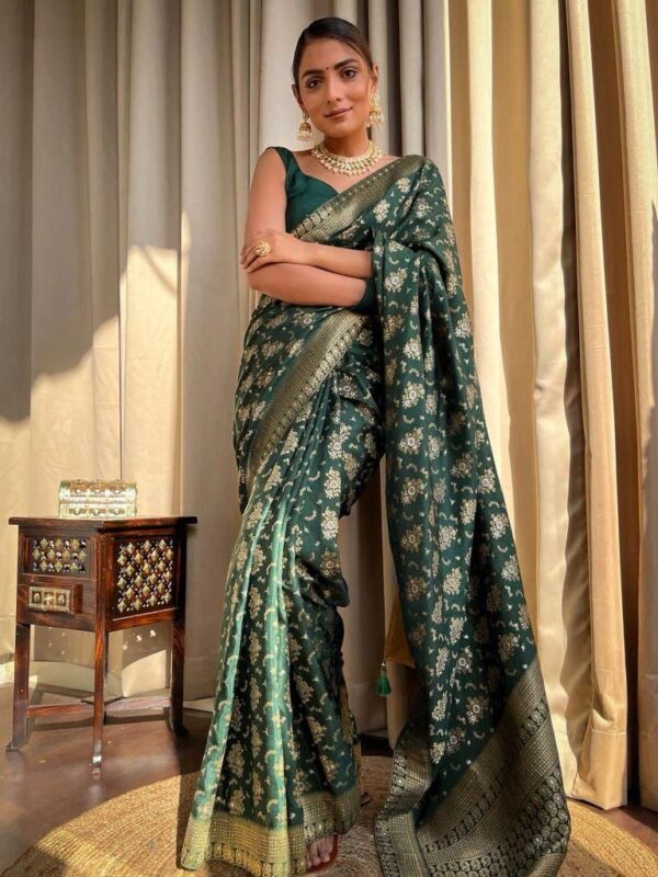Green Banarasi Jacquard Lichi Silk Saree with Rich Silver Zari Work - Image 3