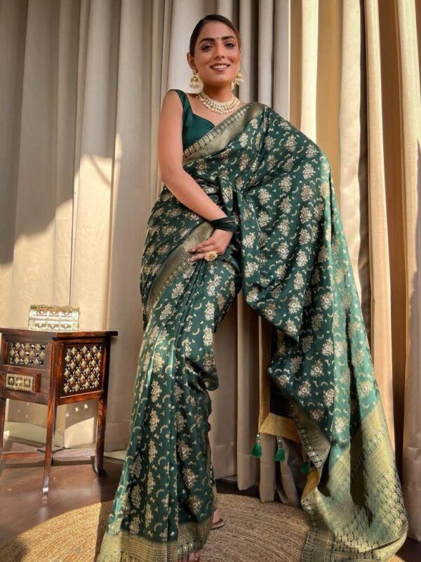 Green Banarasi Jacquard Lichi Silk Saree with Rich Silver Zari Work - Image 4